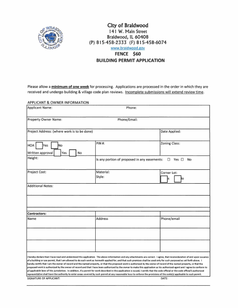 First page of the Fence Permit Application