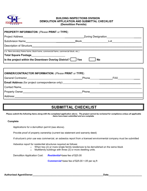 First page of the Demolition Application and Submittal Checklist