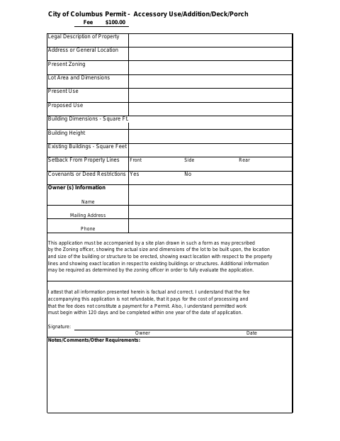 First page of the Accessory Use, Addition, Deck, or Porch Permit Application