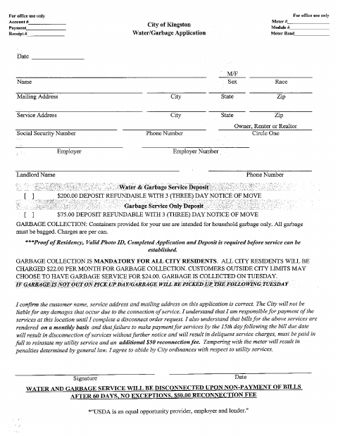 First page of the Water and Garbage Service Application