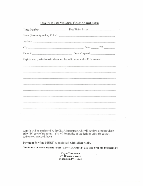 First page of the Quality of Life Violation Ticket Appeal Form