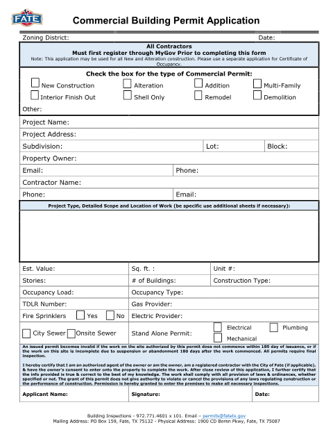 First page of the Commercial Building Permit Application