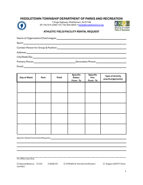 First page of the Athletic Field/Facility Rental Request
