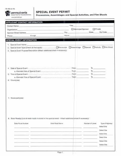 First page of the Special Event Permit TE 300