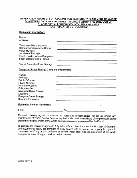 First page of the Dumpster Permit Application