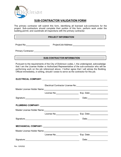 First page of the Subcontractor Validation Form