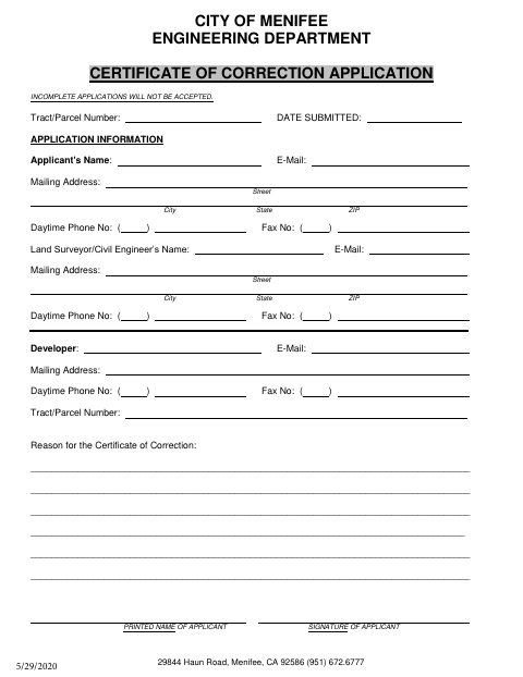 First page of the Certificate of Correction Application