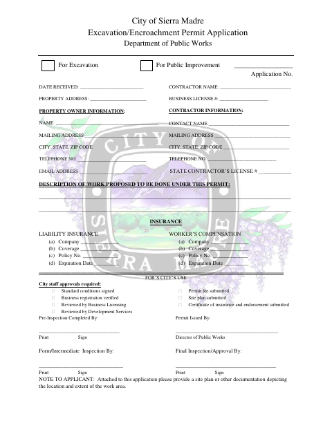 First page of the Excavation / Encroachment Permit Application