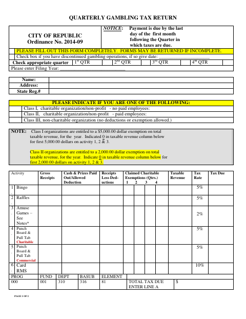 First page of the Quarterly Gambling Tax Return