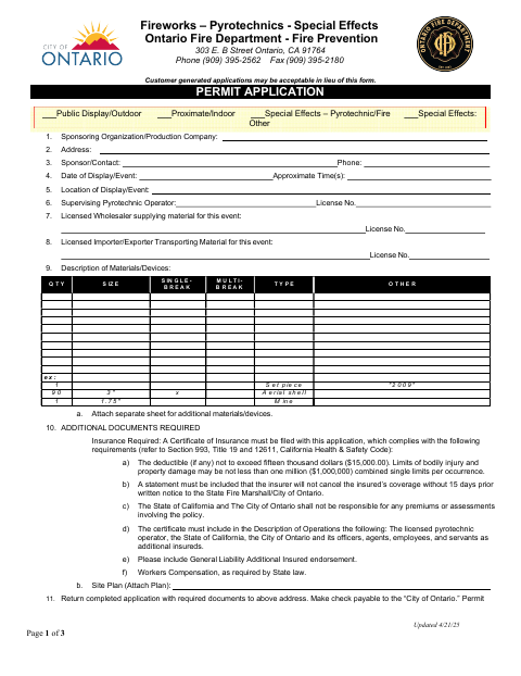 First page of the Public Display and Special Effects Permit Application