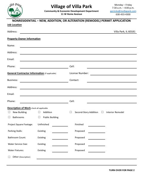 First page of the Nonresidential New, Addition, or Alteration Permit Application