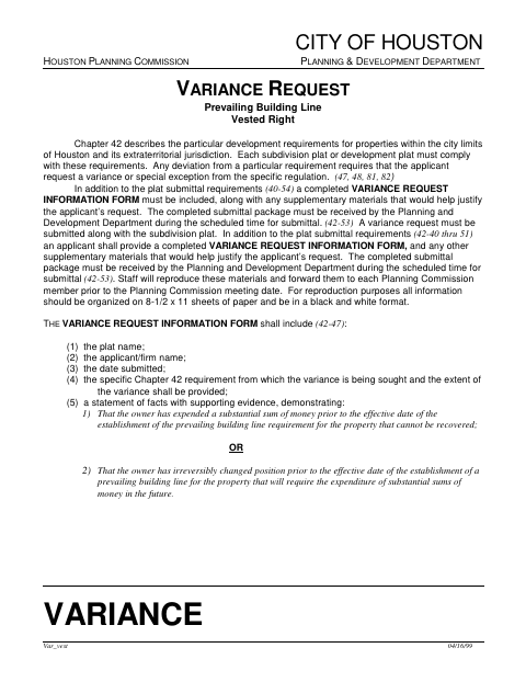 First page of the Prevailing Building Line Vested Right Variance Request Information Form