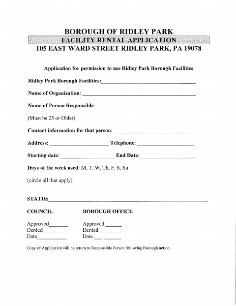 First page of the Facility Rental Application