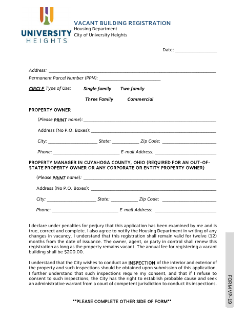 First page of the Vacant Building Registration Form