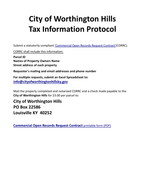 First page of the Commercial Open Records Request Contract Instructions