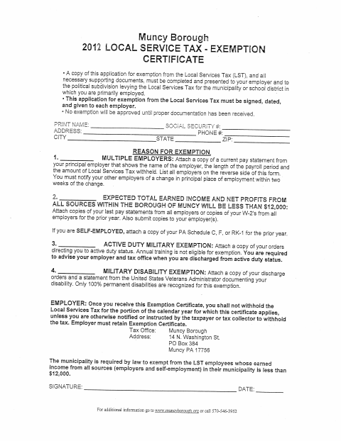 First page of the Local Services Tax Exemption Certificate