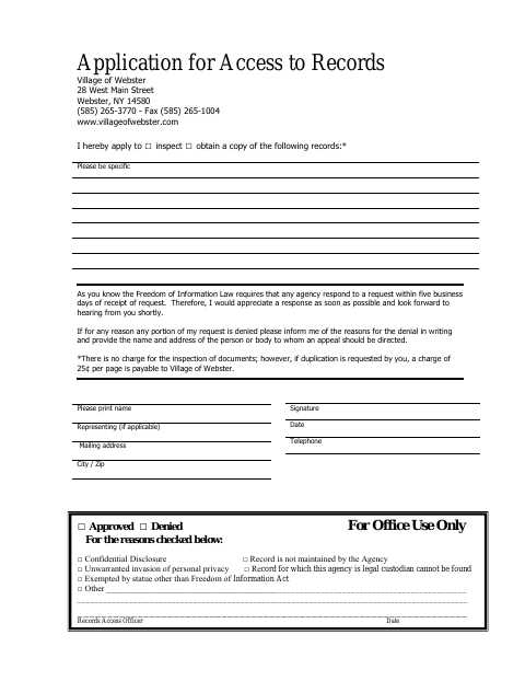 First page of the Application for Access to Records