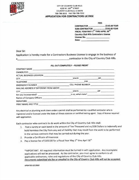 First page of the Contractors License Application