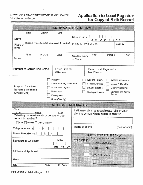 First page of the Application for Birth Certificate