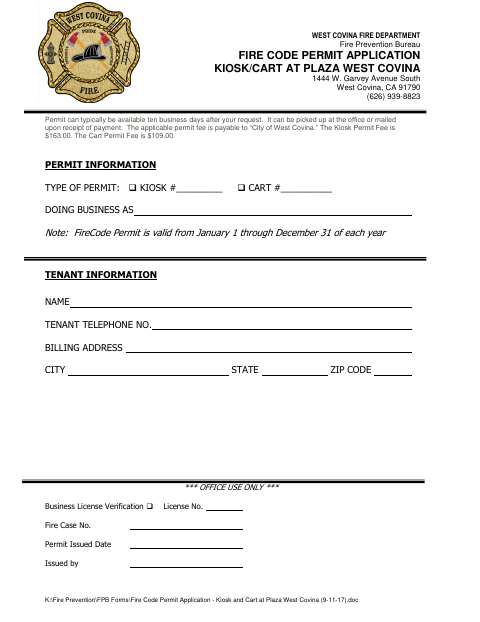 First page of the Fire Code Permit Application Kiosk/Cart at Plaza