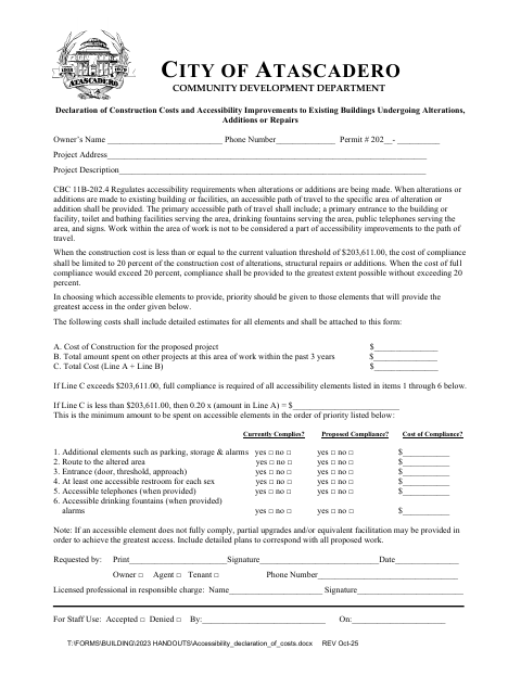 First page of the Declaration of Construction Costs and Accessibility Improvements