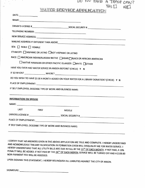 First page of the Water Service Application