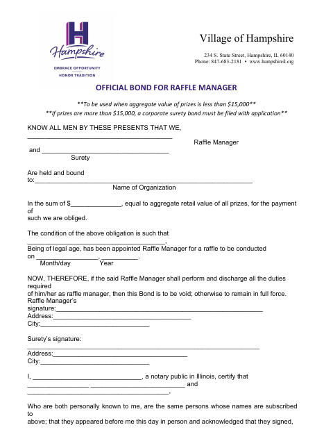 First page of the Official Bond for Raffle Manager