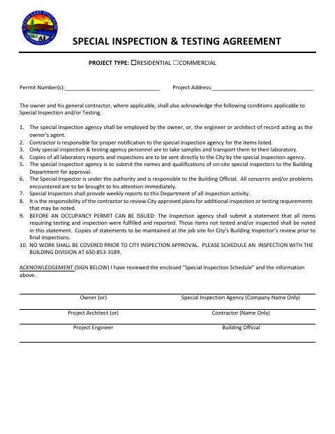 First page of the Special Inspection & Testing Agreement