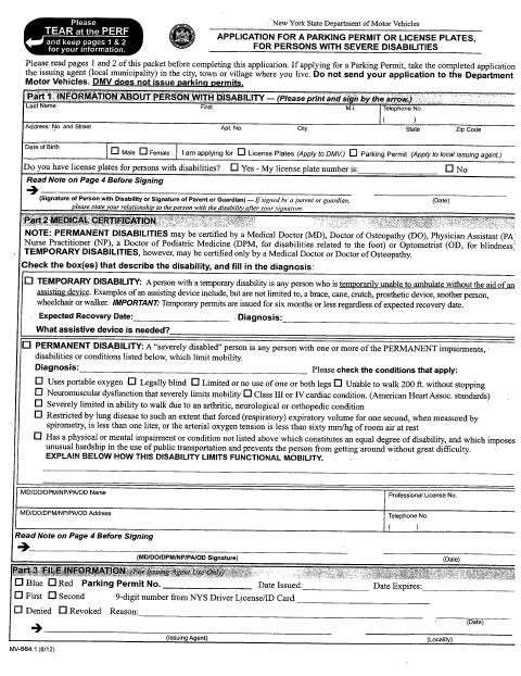 First page of the Application for a Parking Permit or License Plates for Persons With Severe Disabilities