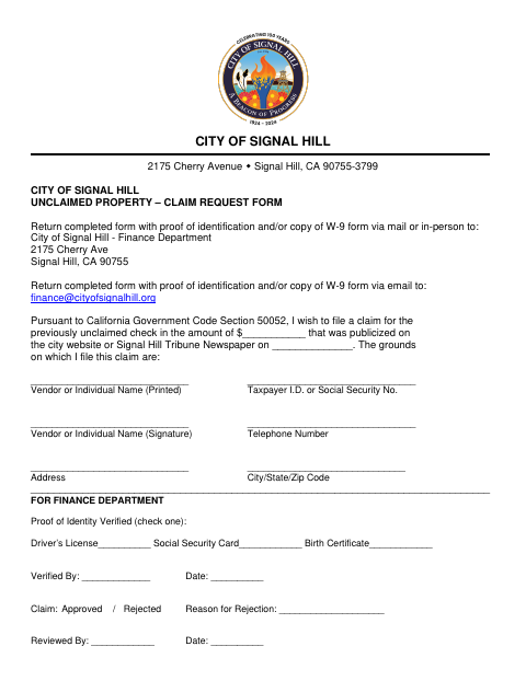 First page of the Unclaimed Property Claim Request Form
