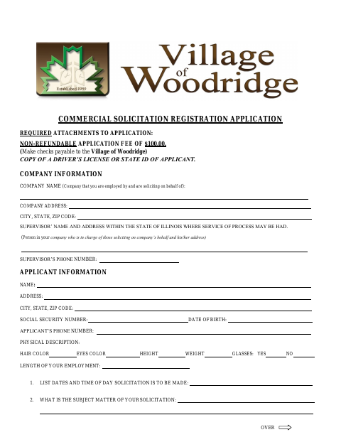 First page of the Commercial Solicitation Registration Application