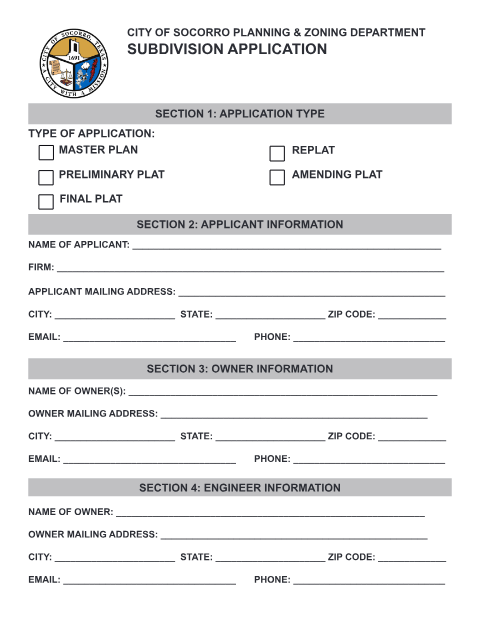 First page of the Subdivision Application