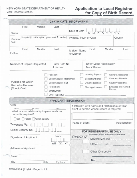 First page of the Application to Local Registrar for Copy of Birth Record