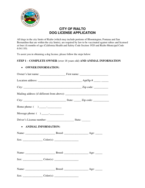 First page of the Dog License Application