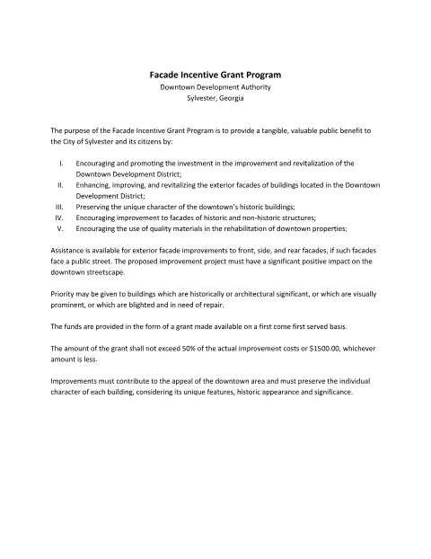 First page of the Downtown Facade Incentive Grant Application