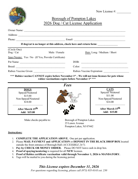 First page of the 2026 Dog / Cat License Application