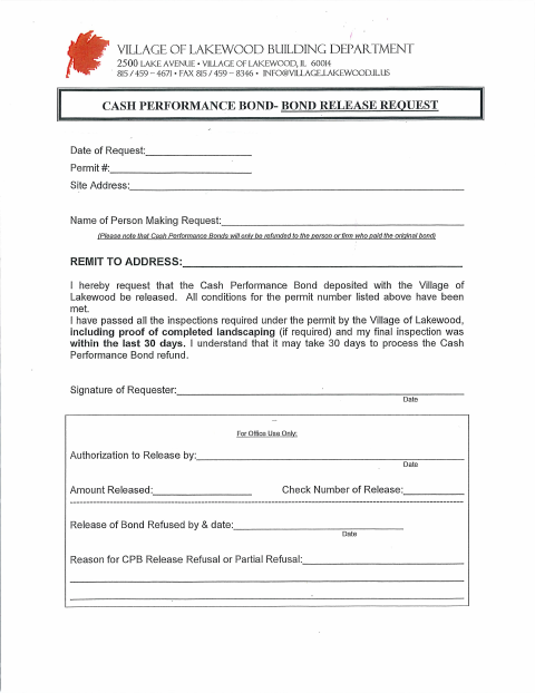 First page of the Request for Cash Performance Bond Release