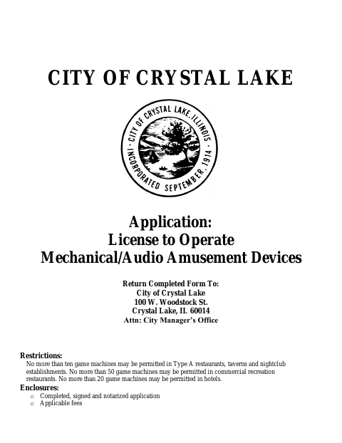 First page of the Mechanical and Audio Amusement Device License Application
