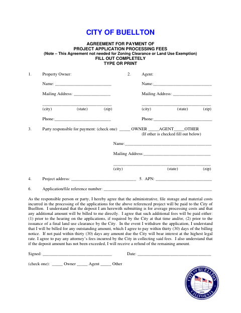 First page of the Agreement for Payment of Project Application Processing Fees