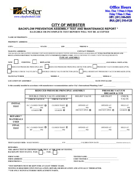 First page of the Backflow Prevention Assembly Test and Maintenance Report