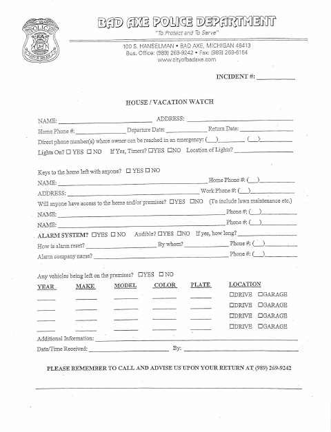 First page of the House / Vacation Watch Form