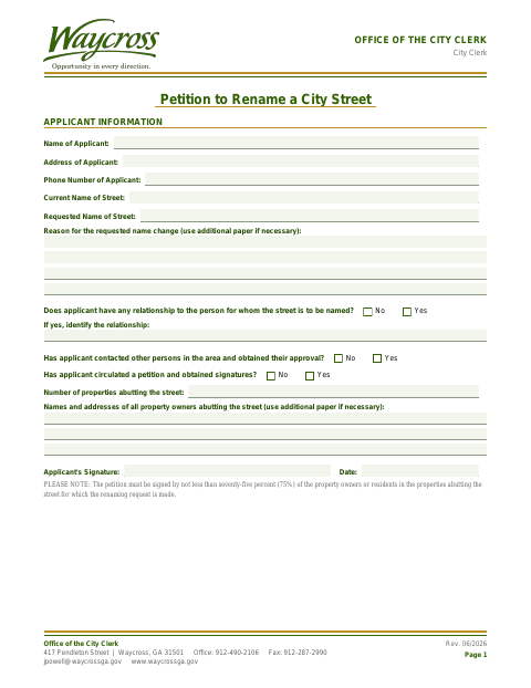 First page of the Petition to Rename a City Street