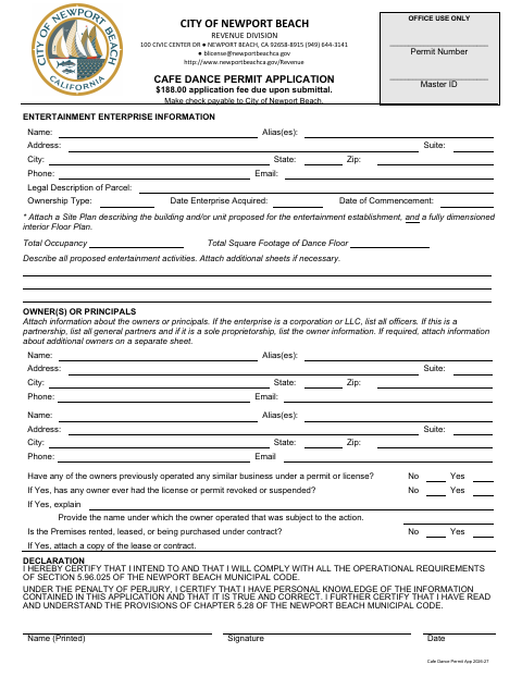 First page of the Cafe Dance Permit Application