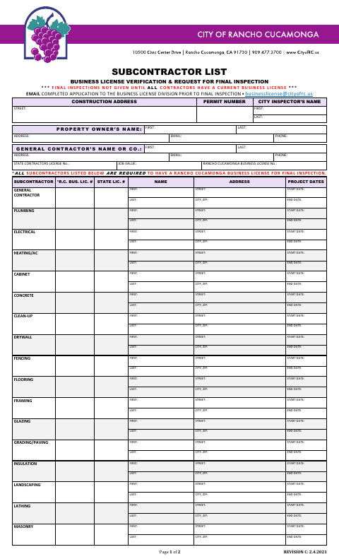 First page of the Subcontractor List