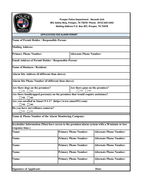 First page of the Application for Alarm Permit