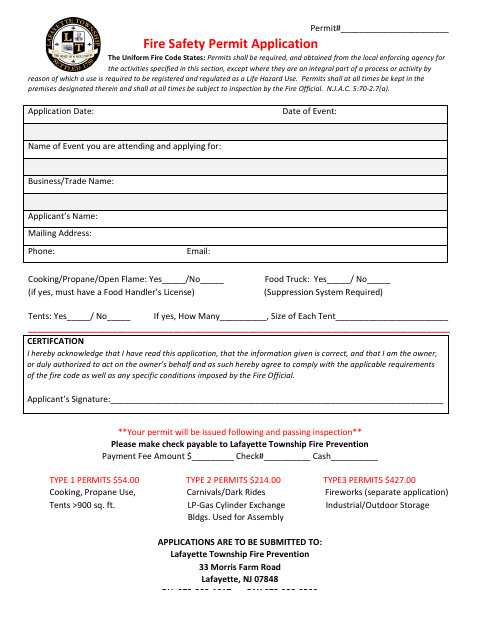 First page of the Fire Safety Permit Application