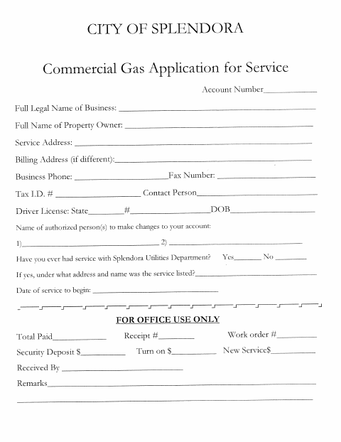 First page of the Commercial Gas Service Application