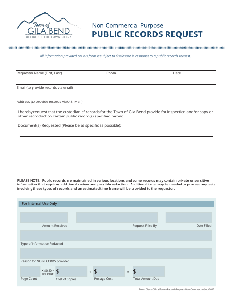 First page of the Non-Commercial Public Records Request