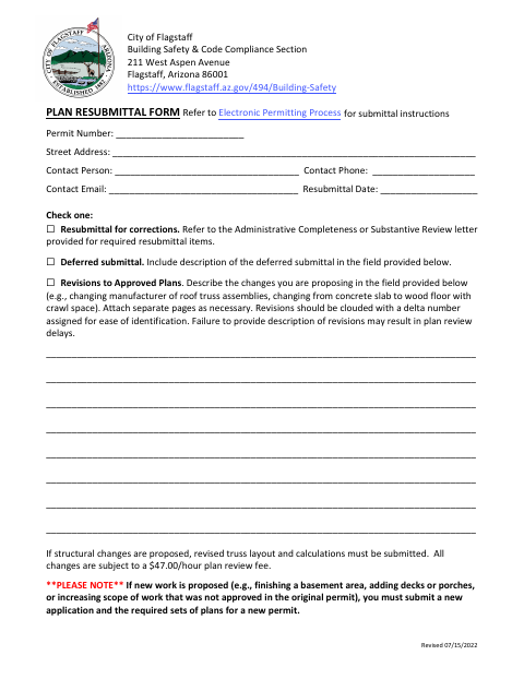 First page of the Plan Resubmittal Form