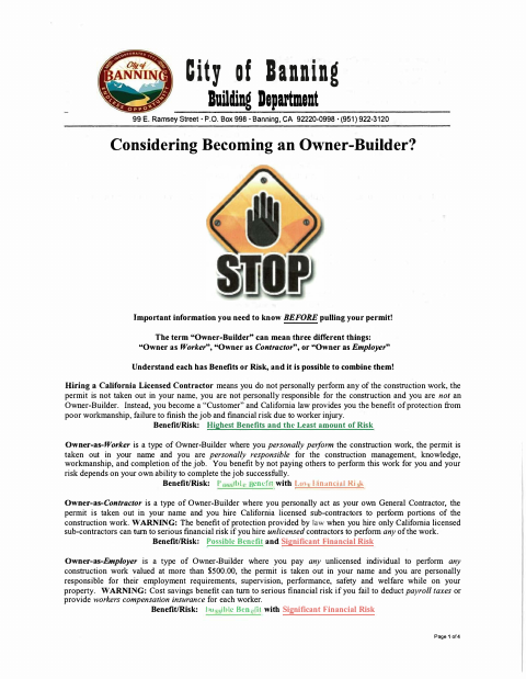First page of the Owner-Builder Declaration